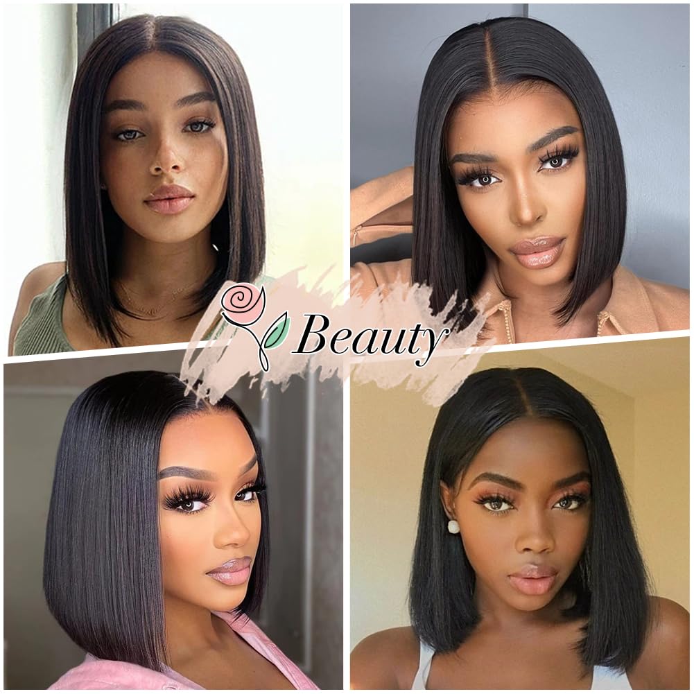 Short Straight Lace Front Bob Wig Natural Look Pre-Plucked Hairline Heat Resistant Human Hair Wig