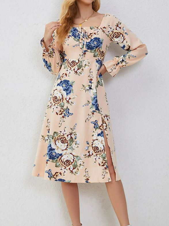 Women's Floral Flare Split Thigh Midi Dress - Koyers