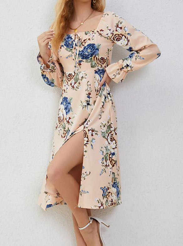 Women's Floral Flare Split Thigh Midi Dress - Koyers