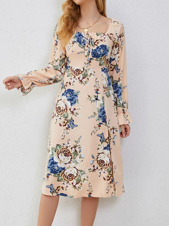 Women's Floral Flare Split Thigh Midi Dress - Koyers