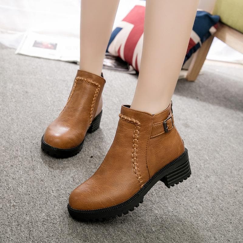 Vintage Square Heeled Leather Ankle Boots - Koyers