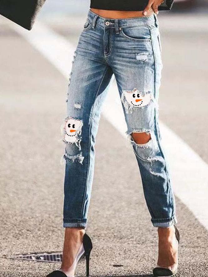 Christmas Pattern Cut-out Slim Jeans - Koyers