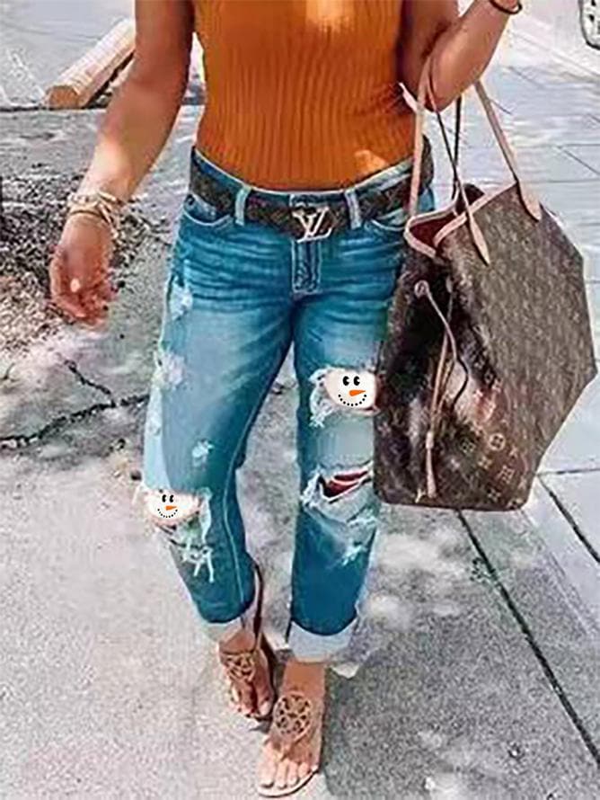 Christmas Pattern Cut-out Slim Jeans - Koyers