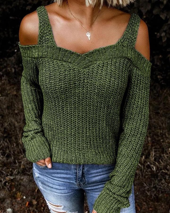 Knitted Cold-Shoulder Pullover Sweater - Koyers