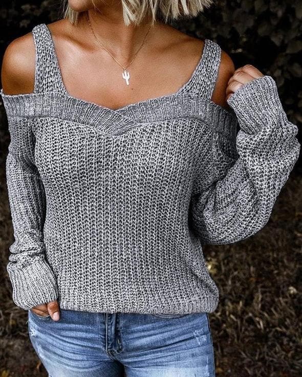 Knitted Cold-Shoulder Pullover Sweater - Koyers