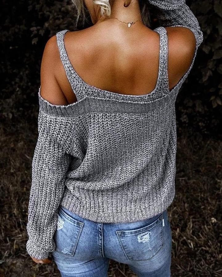 Knitted Cold-Shoulder Pullover Sweater - Koyers