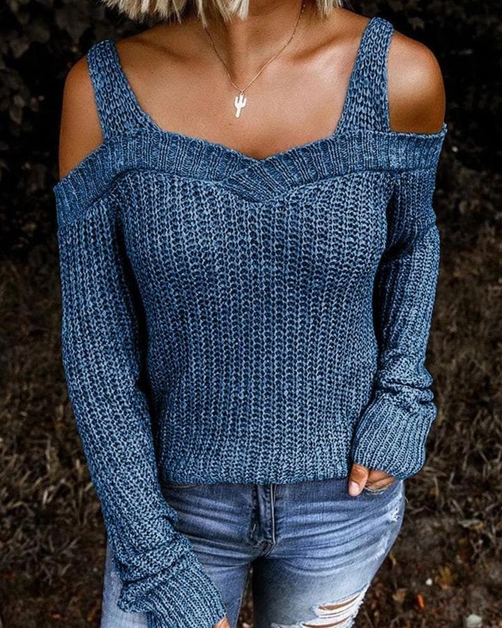 Knitted Cold-Shoulder Pullover Sweater - Koyers