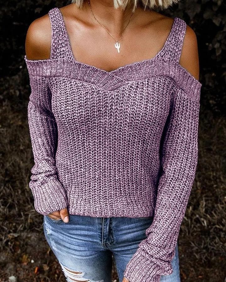 Knitted Cold-Shoulder Pullover Sweater - Koyers