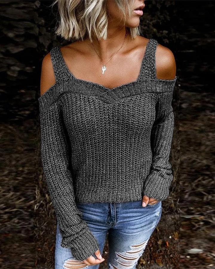 Knitted Cold-Shoulder Pullover Sweater - Koyers