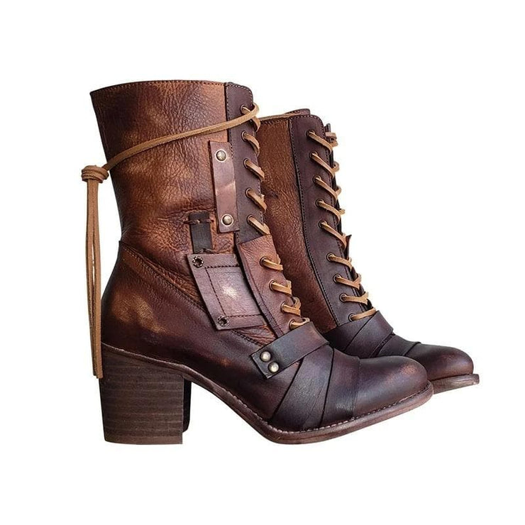 Retro Comfy Chunky Heel Lace-up Boots - Koyers