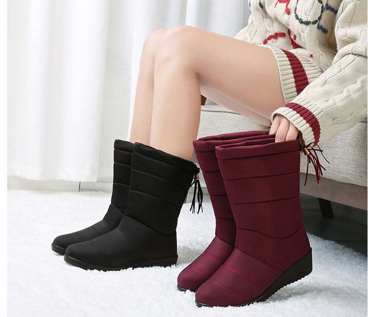 Mid-Calf Down Wedge Rubber Plush Winter Waterproof Boots - Koyers