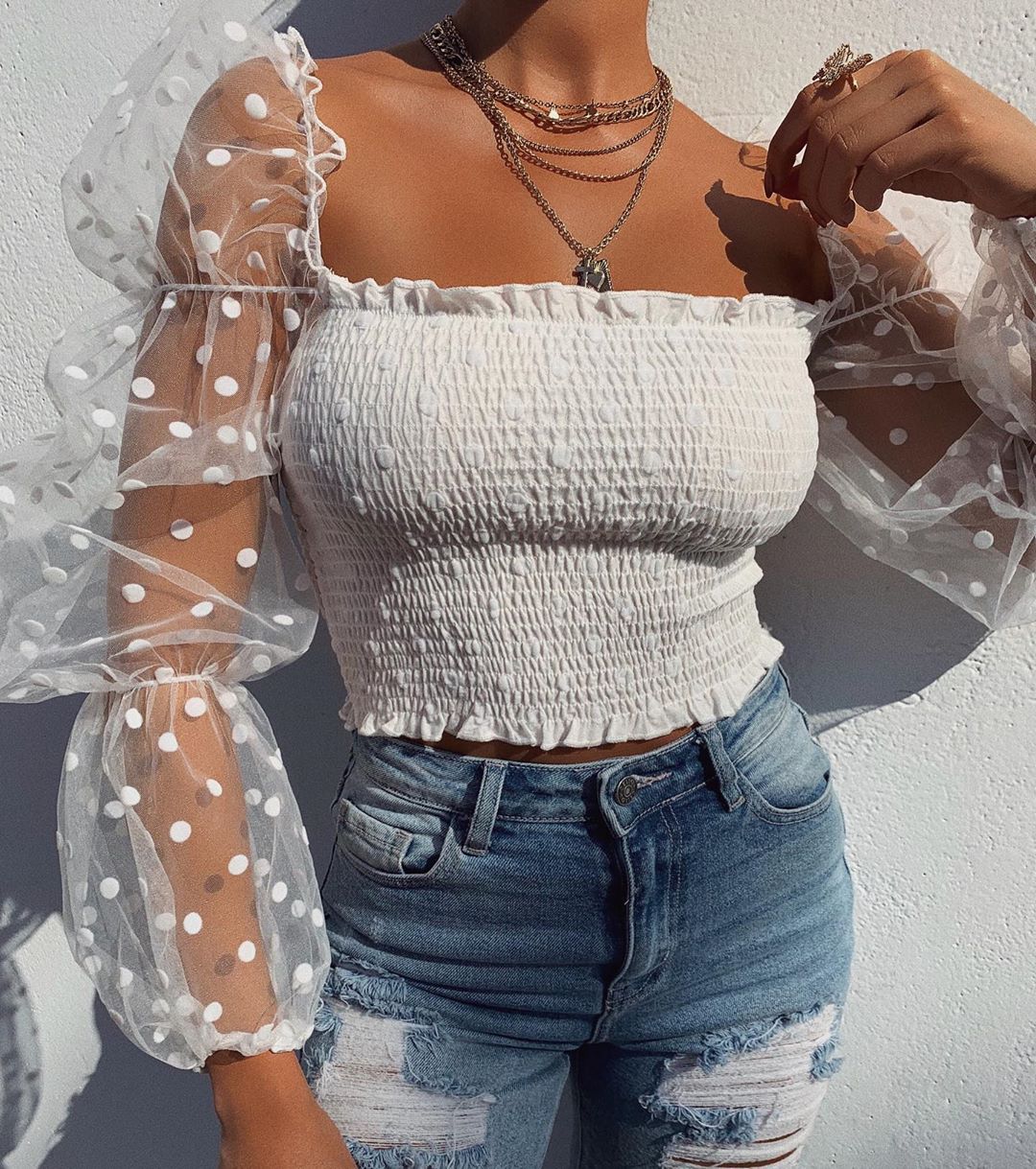Polka Dot Sheer Puffed Long-Sleeve Tops - Koyers