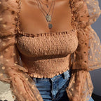 Polka Dot Sheer Puffed Long-Sleeve Tops - Koyers