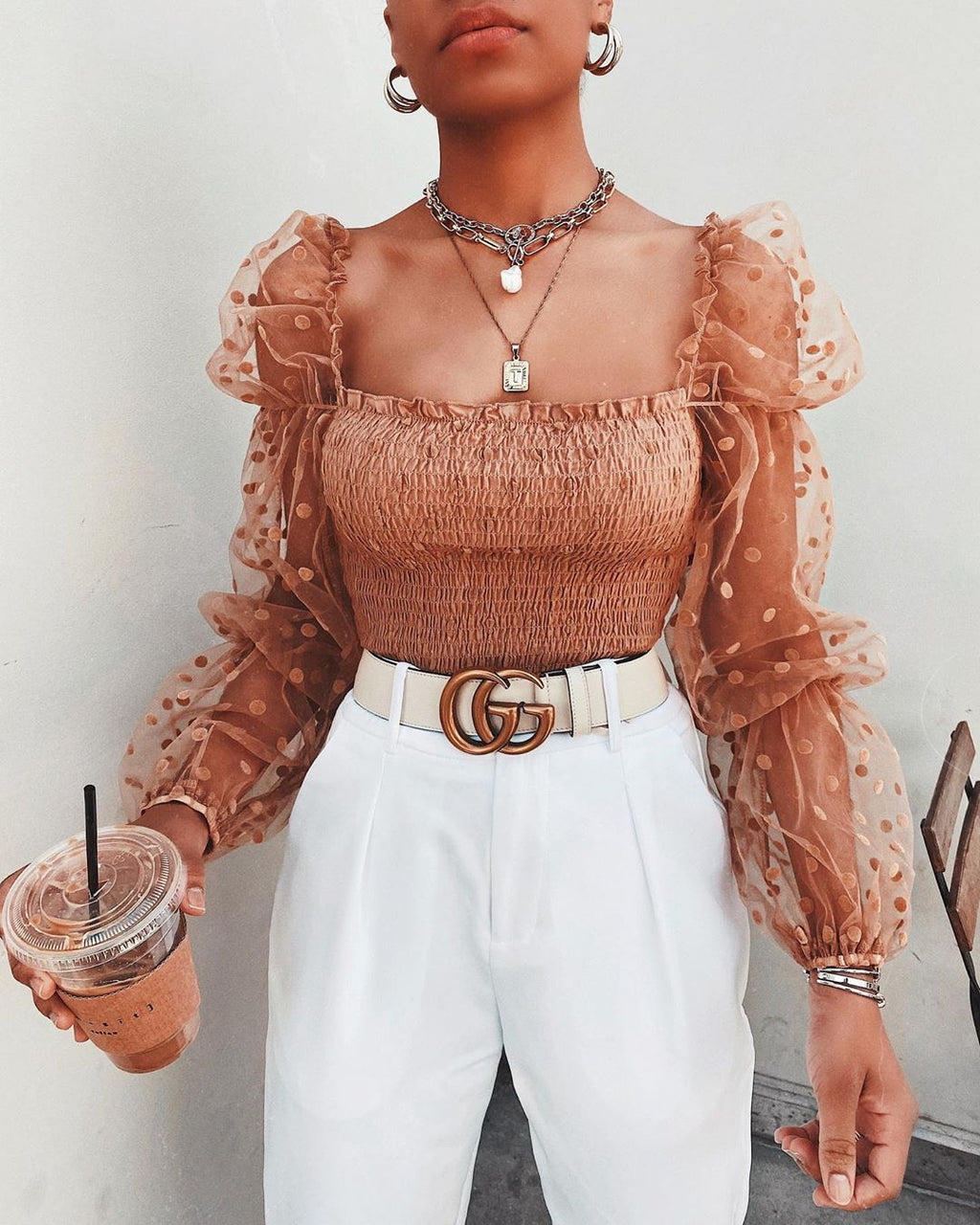 Polka Dot Sheer Puffed Long-Sleeve Tops - Koyers