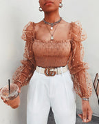 Polka Dot Sheer Puffed Long-Sleeve Tops - Koyers