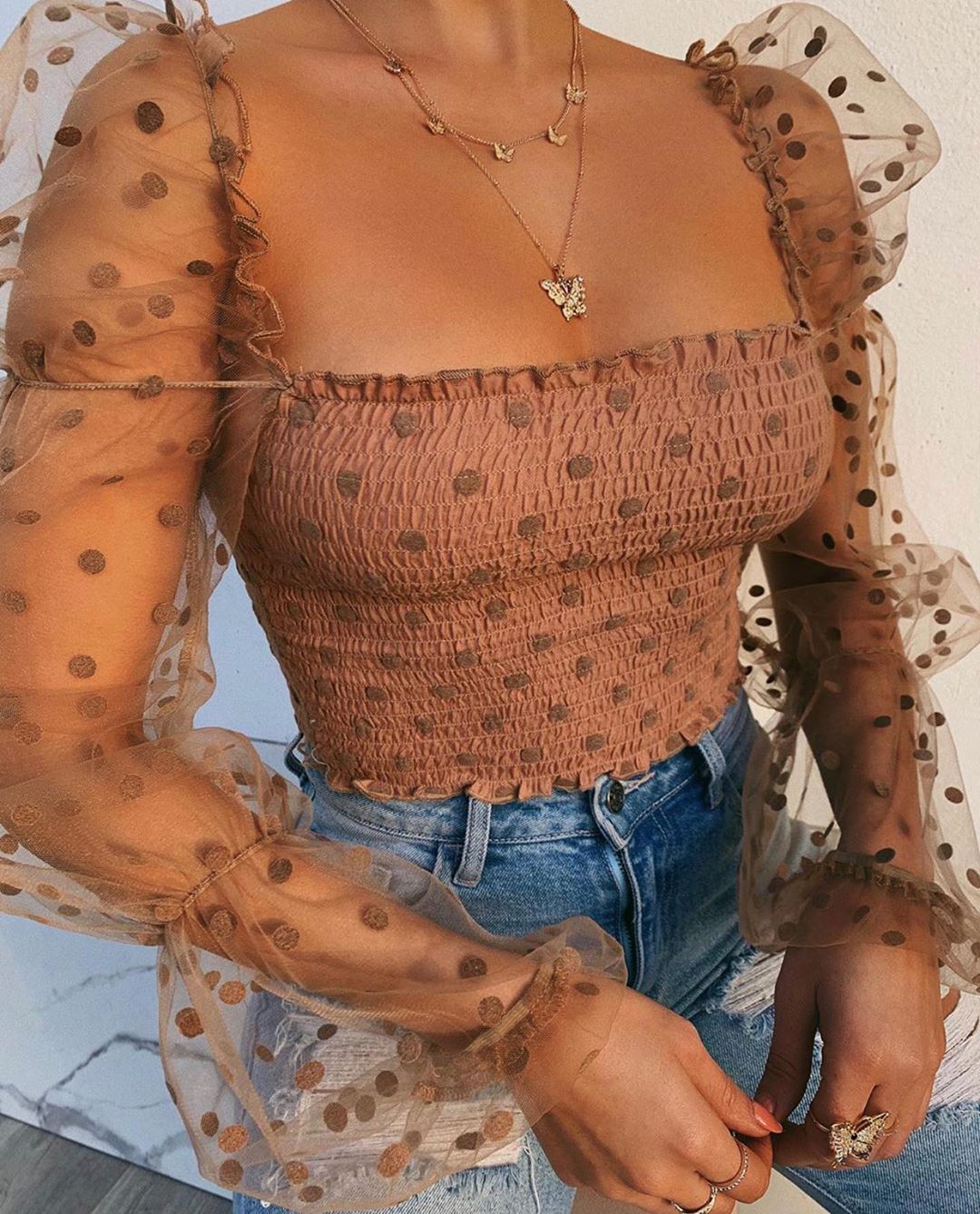 Polka Dot Sheer Puffed Long-Sleeve Tops - Koyers