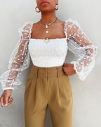 Polka Dot Sheer Puffed Long-Sleeve Tops - Koyers