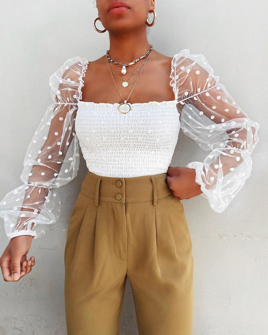 Polka Dot Sheer Puffed Long-Sleeve Tops - Koyers
