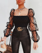 Polka Dot Sheer Puffed Long-Sleeve Tops - Koyers