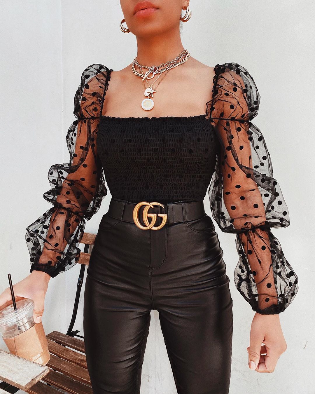 Polka Dot Sheer Puffed Long-Sleeve Tops - Koyers