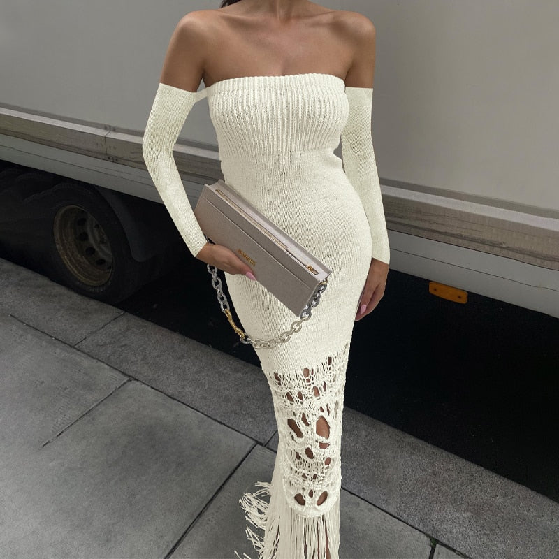 Elegant Knitted Bodycon Tassel Maxi Dress - Koyers
