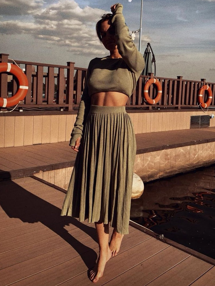Sweater Cropped Top Midi Skirt Two Piece Set - Koyers