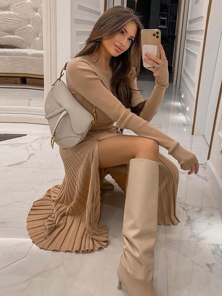 Sweater Cropped Top Midi Skirt Two Piece Set - Koyers