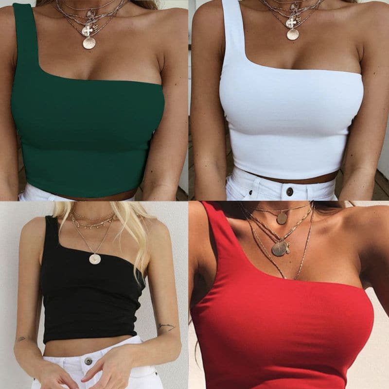 One Shoulder Sleeveless Cropped Tank Top - Koyers