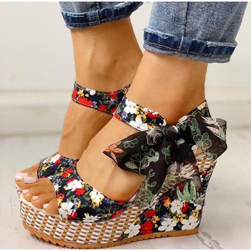 Floral Cloth Wedge With Bowknot Lace-up Sandals - Koyers