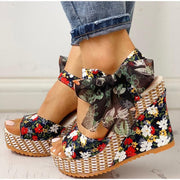 Floral Cloth Wedge With Bowknot Lace-up Sandals - Koyers