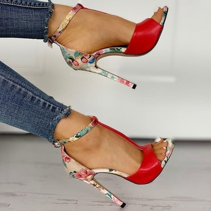 Peep Toe Floral Leatherette Stiletto With Buckle Sandals - Koyers