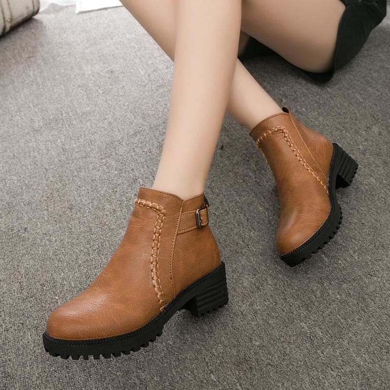 Vintage Square Heeled Leather Ankle Boots - Koyers