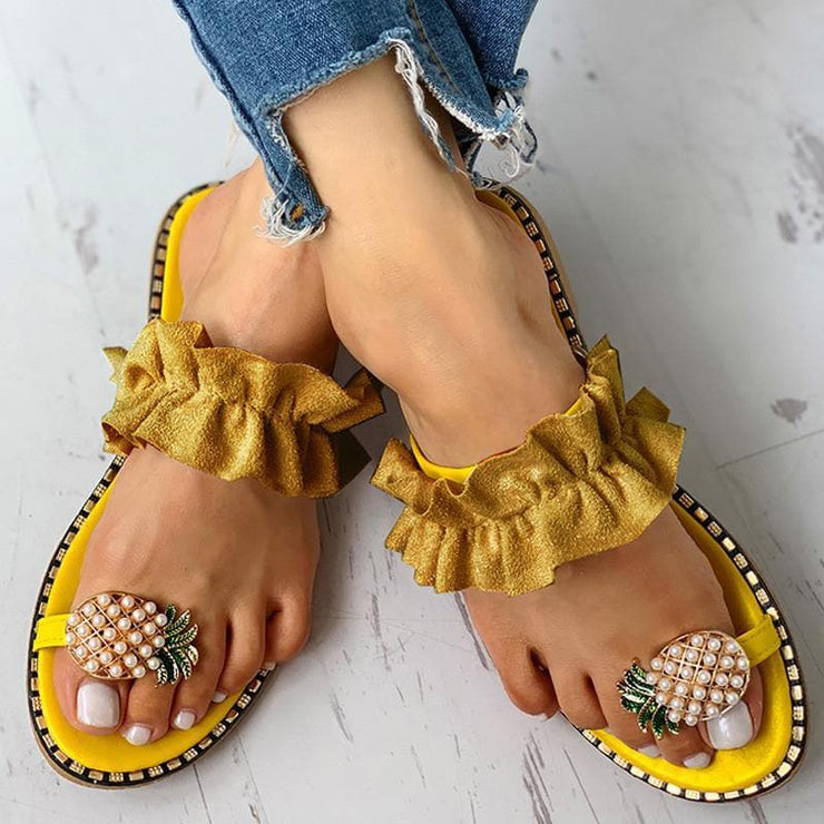 Pineapple Rhinestone Ruffles Flat heel Slip-on Sandals - Koyers