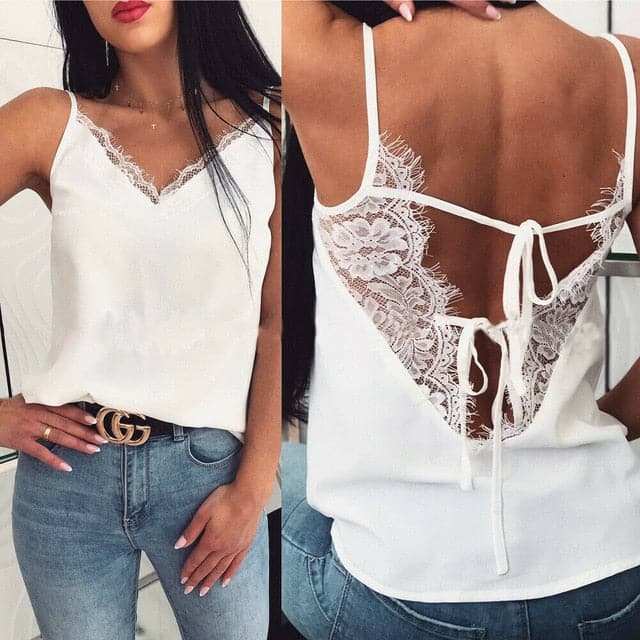 Lacey V-Neck Satin Silk Back Cami - Koyers