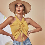Ruched Knitted Drawstring Crop Top - Koyers