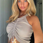 Ruched Knitted Drawstring Crop Top - Koyers