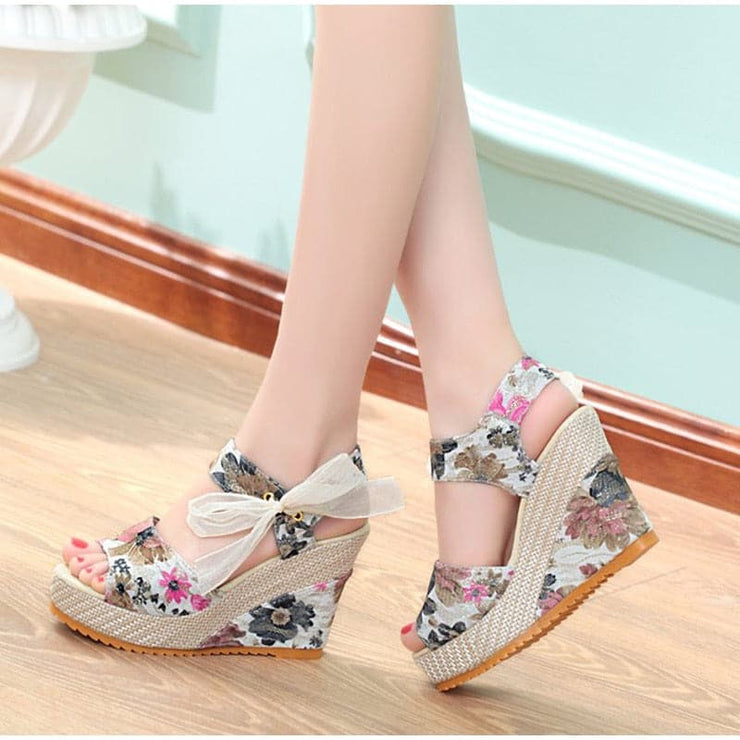 Floral Cloth Wedge With Bowknot Lace-up Sandals - Koyers