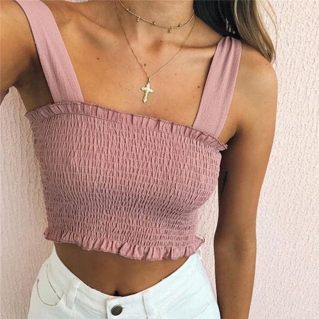 Elastic Cropped Tube Bow Tie Strap Ruched Tank Top - Koyers