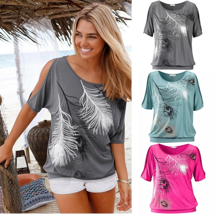 Slit Sleeve Cold Shoulder Feather Print - Koyers