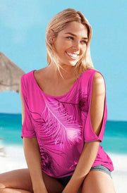 Slit Sleeve Cold Shoulder Feather Print - Koyers