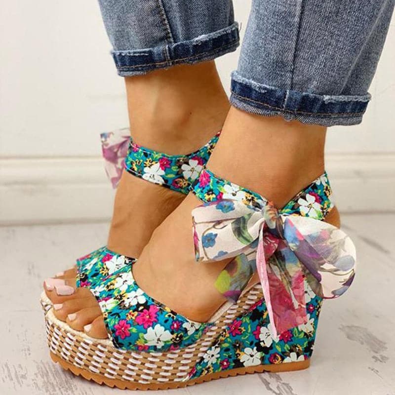Floral Cloth Wedge With Bowknot Lace-up Sandals - Koyers