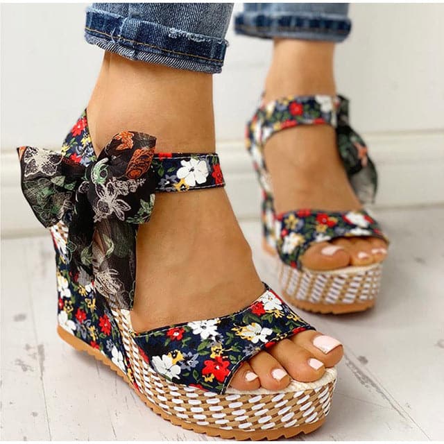 Floral Cloth Wedge With Bowknot Lace-up Sandals - Koyers