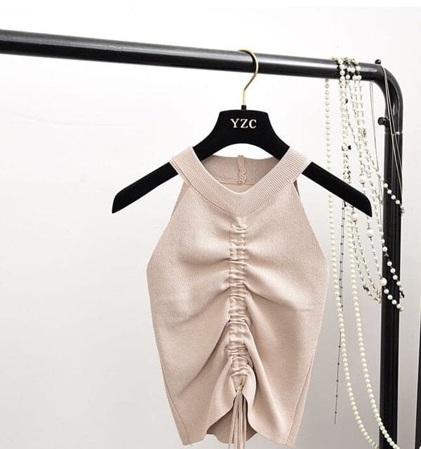 Ruched Knitted Drawstring Crop Top - Koyers