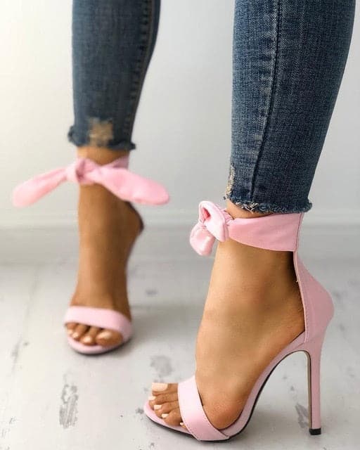 Bowknot Ribbon Tie Suede Stiletto Heel Sandals - Koyers