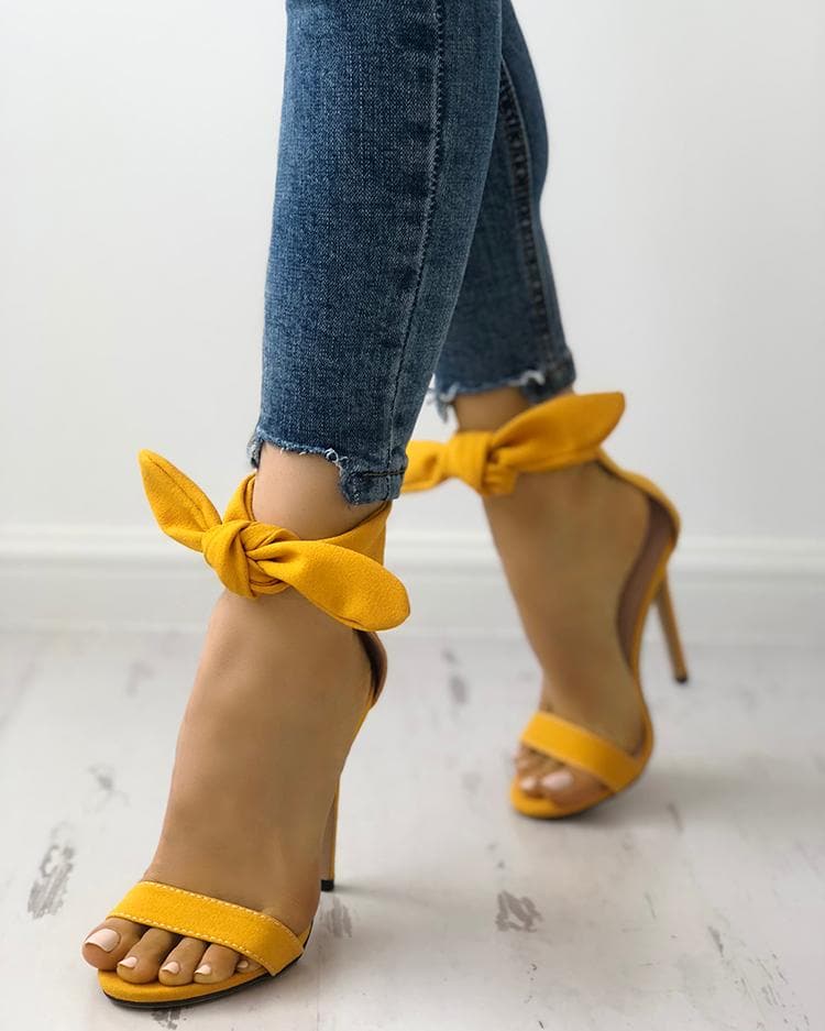 Bowknot Ribbon Tie Suede Stiletto Heel Sandals - Koyers