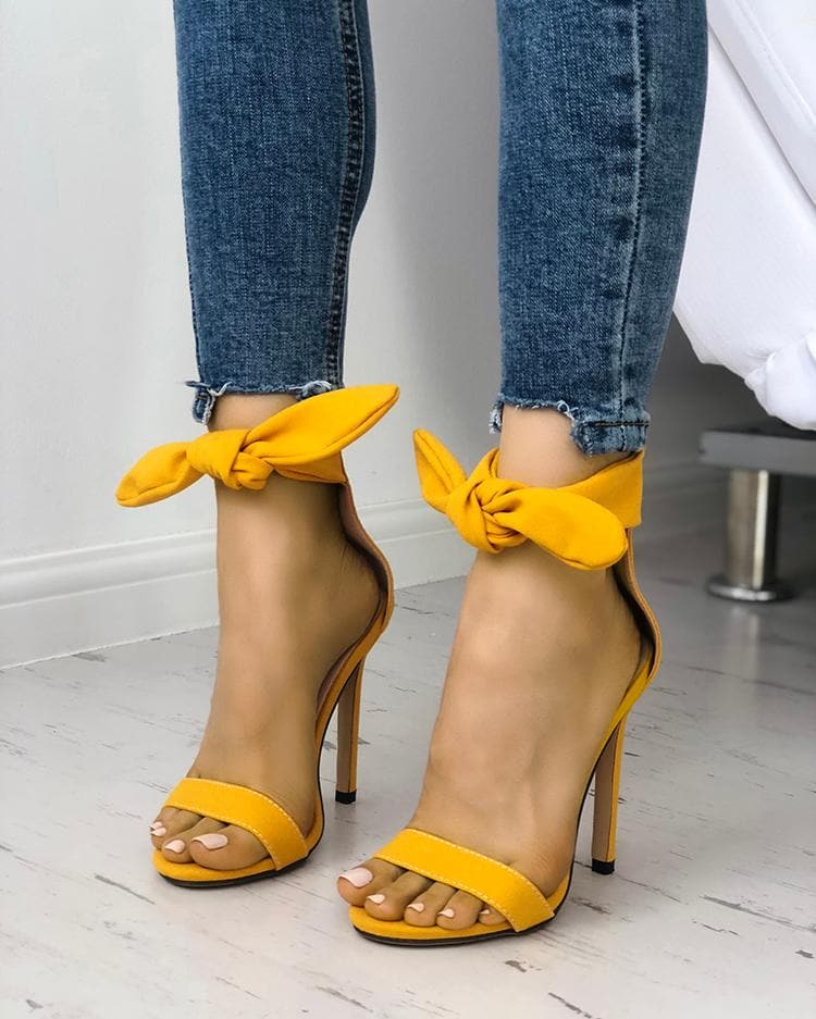 Bowknot Ribbon Tie Suede Stiletto Heel Sandals - Koyers