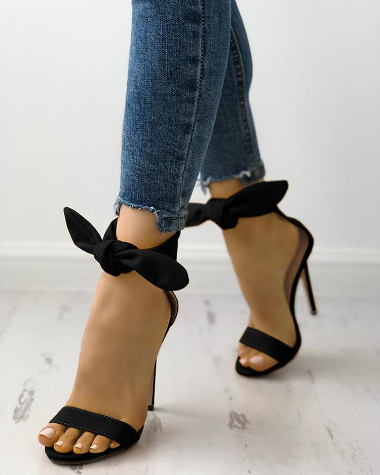 Bowknot Ribbon Tie Suede Stiletto Heel Sandals - Koyers