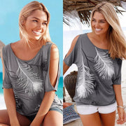 Slit Sleeve Cold Shoulder Feather Print - Koyers