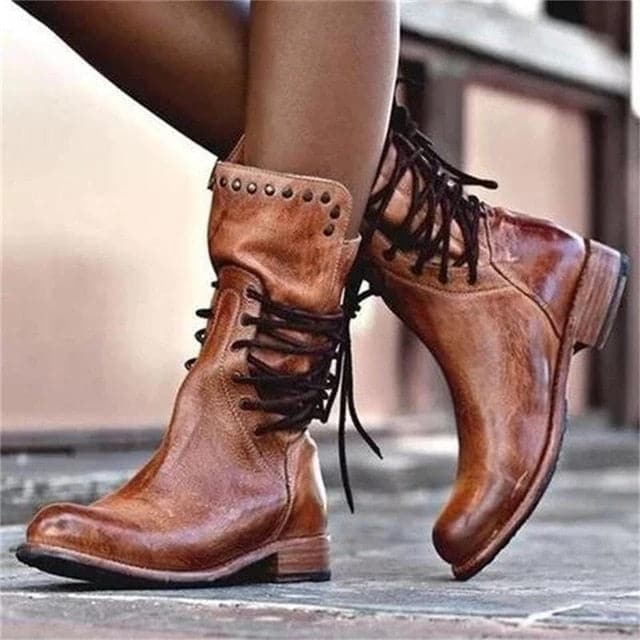 Back Zipper Vintage Boots Lace-Up Mid-calf Boots - Koyers