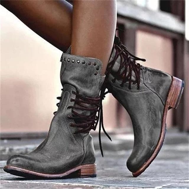 Back Zipper Vintage Boots Lace-Up Mid-calf Boots - Koyers